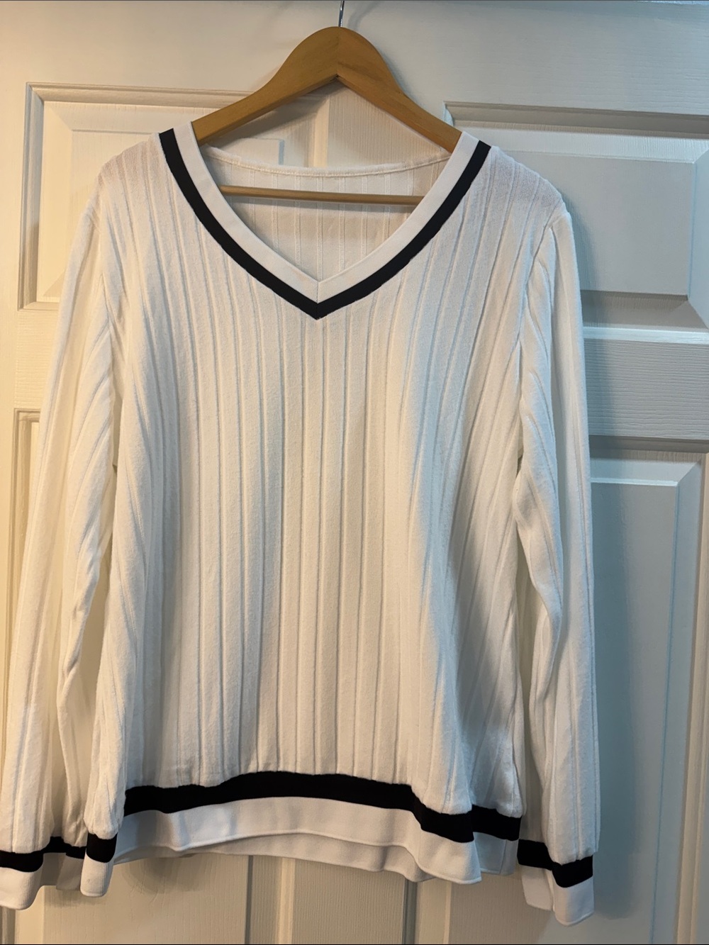 White V-Neck Ribbed Sweater with Black Trim